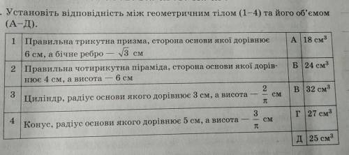 Установіть відповідність між геометричним тілом та його об'ємом ​