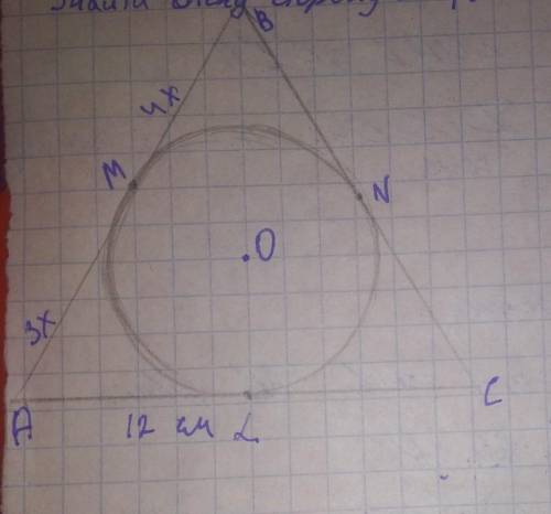 Бічна сторона рівнобедреного трикутника ділиться точкою дотику вписаного в кола у відношенні 3:4 рах