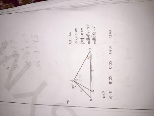 AD перпендикулярна AC |AB|=4cm |DC|=8cm m(BAD)=30° m(BCA)=x°