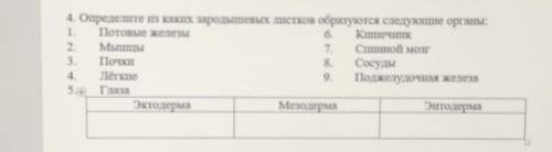 4. Определите из каких зародышевых листков образуются следующие органы: 1. Потовые железы6. Кишечник