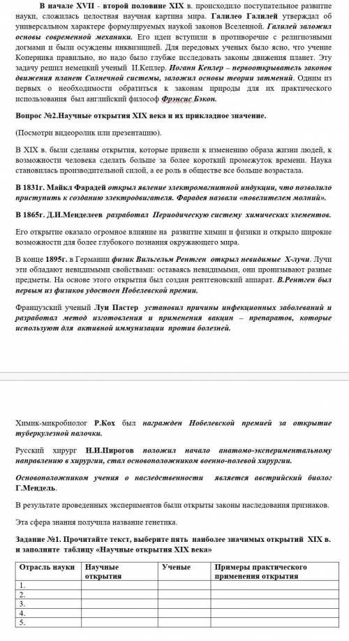 Задание №1. Прочитайте текст, выберите пять наиболее значимых открытий XIX в. и заполните таблицу «Н