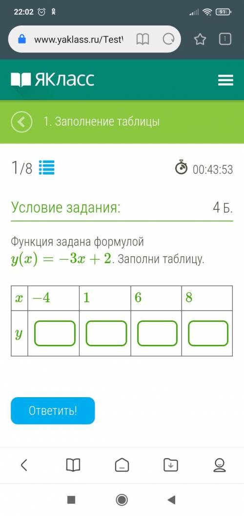 Функция задана формулой y(x)=−3x+2. Заполни таблицу. x −4 1 6 8 y