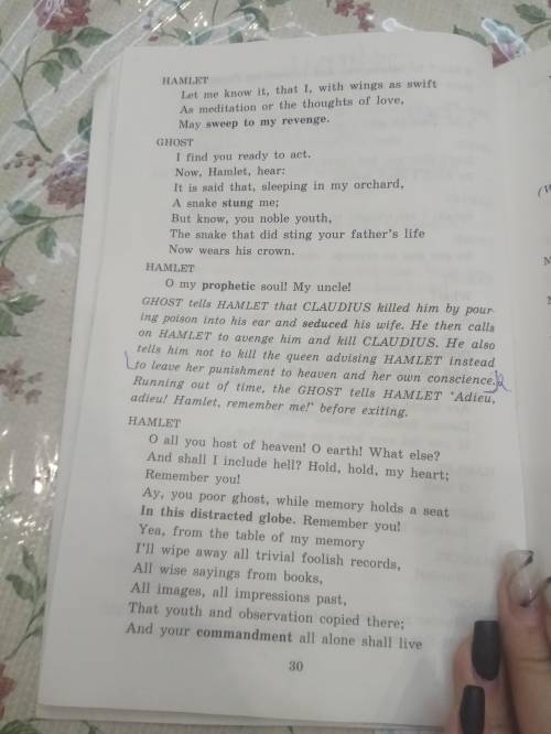 1.Answer the questions. 2) What does he want from Hamlet? 7) Does Hamlet believe the ghost's story?