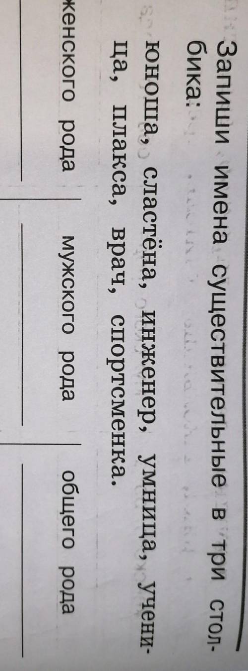 Запиши имена существительные в три столбика юноша сластена инженер умница ученицы Плакса врач спортс