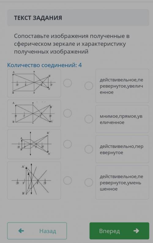 Сопоставьте изображения полученные в сферическом зеркале и характеристику полученных изображений кол