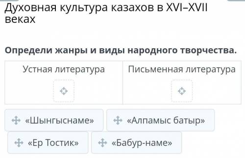 Духовная культура казахов в XVI-XVII векахОпредели жанры и виды народного творчества.​