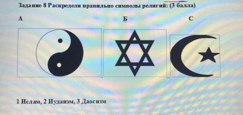 Задание 8 Распредели правильно символы религий: ( ) A Б С ☆ • 1 Ислам, 2 Иудаизм, 3 Даосизм