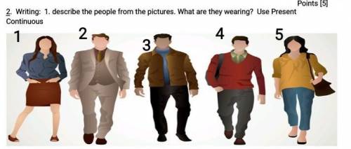 2. Writing: 1. describe the people from the pictures. What are they wearing? Use Present Continuous.