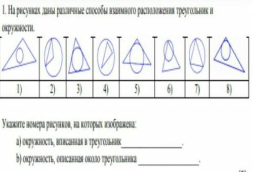 На рисунках даны различные взаимного расположения треугольник и окружности Укажитк номера рисунков н