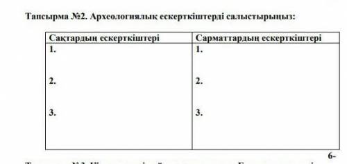 Тапсырма №2. Археологиялық. ескерткіштерді салыстырыңыз: Сарматтардың ескерткіштері1.2.3.Сақтардың е