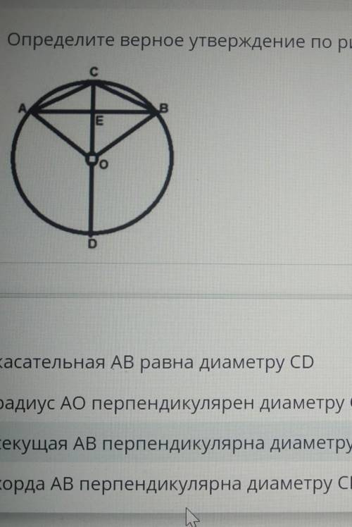 Определите верное утверждение по рисунку: сEокасательная АВ равна диаметру CDрадиус АО перпендикуляр