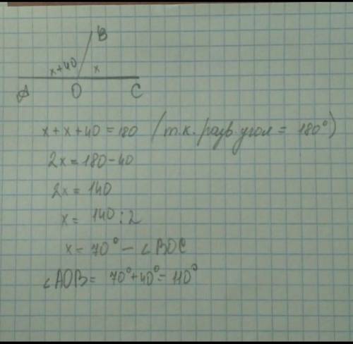 Найди углы АОВ и ВОС, если АОВ на 40° больше,чем ВОС , а АОС прямой. постройте чертеж ​