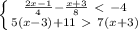 \left \{ {{\frac{2x-1}{4} -\frac{x+3}{8} \ \textless \ -4} \atop {5(x-3)+11\ \textgreater \ 7(x+3)}} \right.