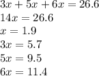 3x+5x+6x=26.6\\14x=26.6\\x=1.9\\3x = 5.7\\5x=9.5\\6x=11.4