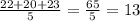 \frac{22 + 20 + 23}{5} = \frac{65}{5} = 13