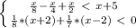 \left \{ {{\frac{x}{8} -\frac{x}{4} +\frac{x}{2} \ \textless \ x + 5} \atop {\frac{1}{8}*(x+2) + \frac{1}{7}*(x-2)\ \textless \ 0}} \right.