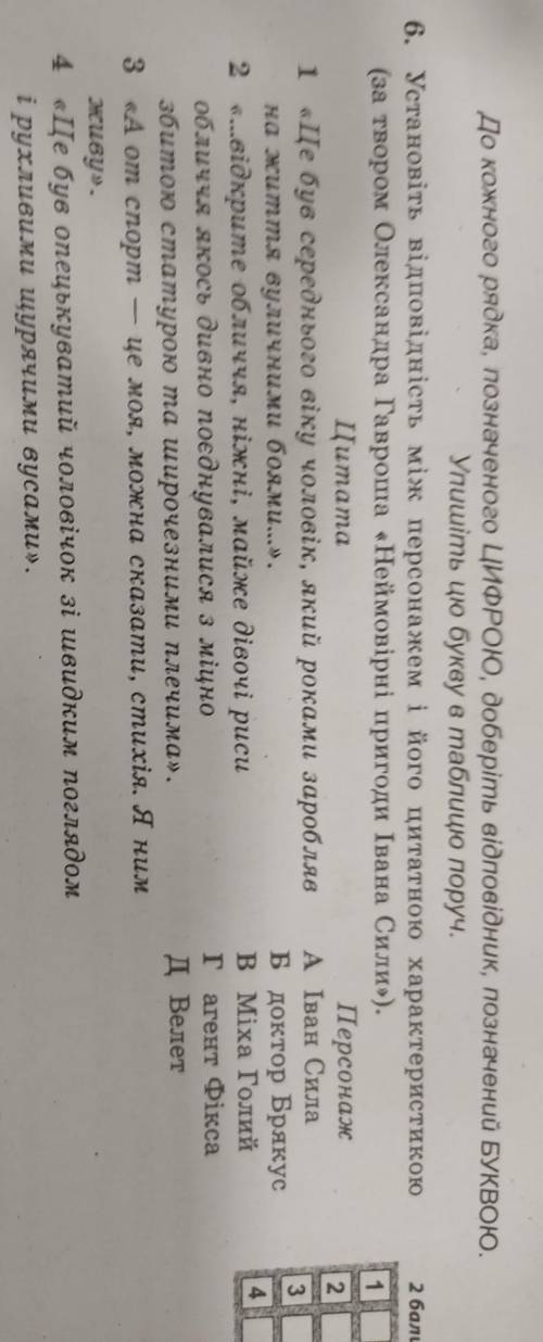 6. Установіть відповідність між персонажем і його цитатною характеристикою (за твором Олександра Гав