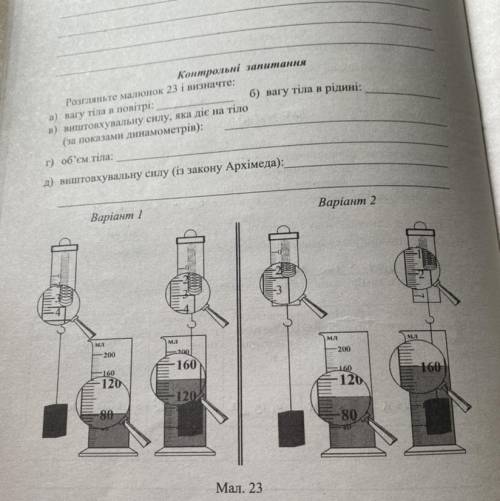 Контрольні запитання Розгляньте малюнок 23 і визначте: а) вагу тіла в повітрі: б) вагу тіла в рідині