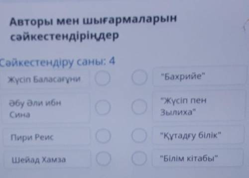 Авторы мен шығармаларын сәйкестендіріңдерСәйкестендіру саны: 4Жүсіп БаласағұниБахрийеӘбу Әли ибнСи