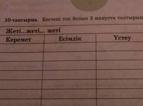 10 - тапсырма . Кестені топ болып 3 минутта толтырыңдар . Жеті ... жеті ... жеті Керемет Есімдік Үст