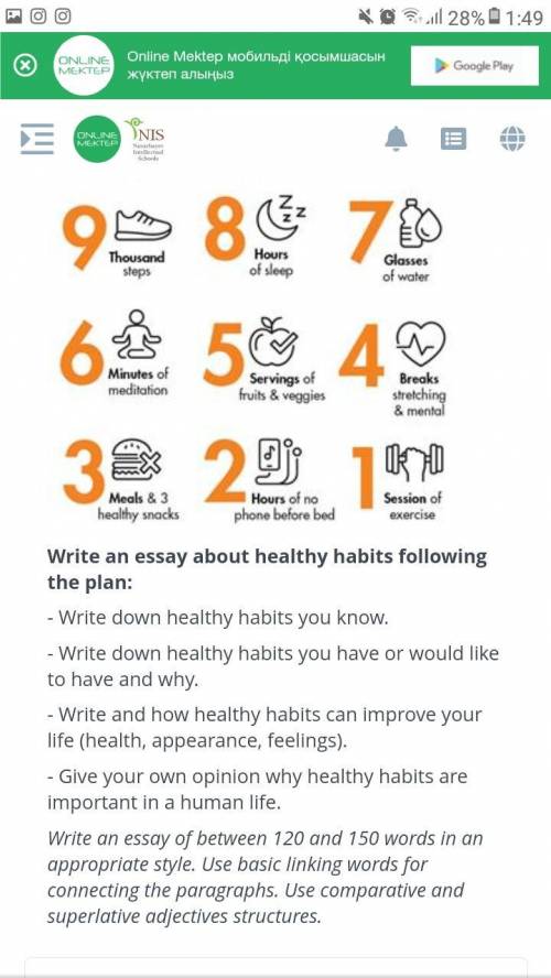 Look at some healthy habits pictures and brainstorm your ideas. Write an essay about healthy habits