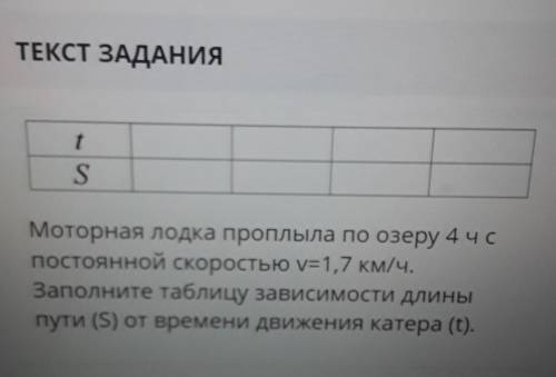 ТЕКСТ ЗАДАНИЯ tSМоторная лодка проплыла по озеру 4 ч скоростью v=1,7 км/ч.Заполните табли