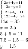 \left \{ {{2x+4y=11} \atop {3x-y=6}} \right. \\\left \{ {{2x+4y=11} \atop {12x-4y=24}} \right. \\14x=35\\x=2.5\\5+6=11\\7.5-1.5=6\\y=1.5