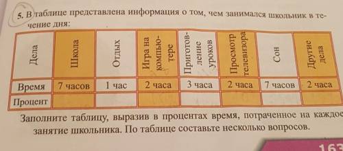 5. В таблице представлена информация о том, чем занимался школьник в течение дня: Заполните таблицу,