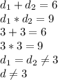 d_1+d_2=6\\d_1*d_2=9\\3+3=6\\3*3=9\\d_1=d_2\neq3\\d\neq3