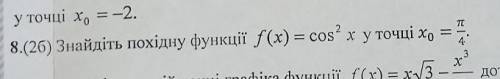 Найти производную функции f(x)=cos²x в точке x0= п/410 класс. Алгебра​