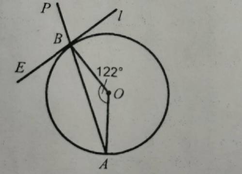 На рисунку 246 пряма І дотикається до кола в точці В, точкацентрЗнайдіть кут РВE, якщоZAOB = 122.кол