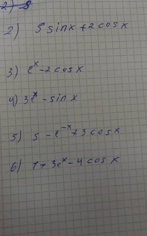 2) 5 sinx+cosxex_2 cosx4) 3 * -sinx5) s -e-**3 cost61 17 3 et 4 cos x​