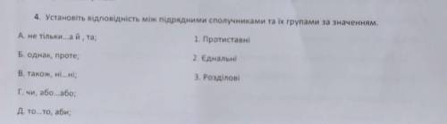 4. Установіть відповідність між підрядними сполучниками та їх групами за значенням.​