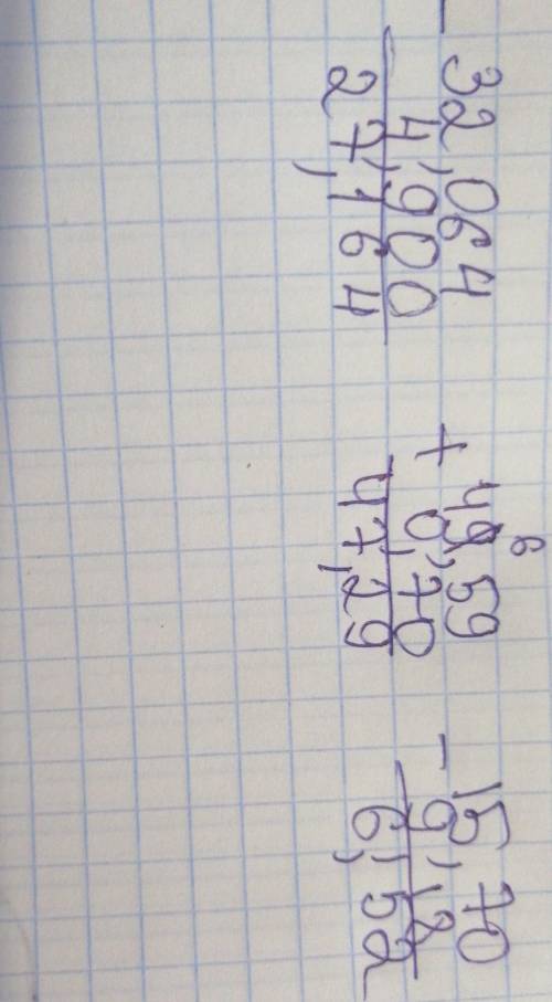 1)32,064 - 4,90 2)46,59 + 0,70 3)15,70 - 9,18 решите столбиком