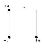 В трёх вершинах квадрата со стороной а=20см находятся точечные заряды +q, - q и +q. Найди потенциал