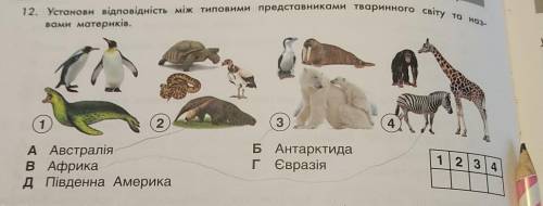 Установи відповідність між типовими представниками тваринного світу та назвами материків​