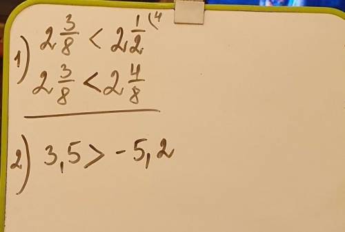 Порівняй числа: 1) 2 3/8 i 2 1/2 2) 3,5 i -5,2