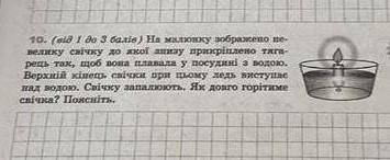 на малюнку зображено невелику свічку до якої знизу прикріплено тягарець, так щоб вона плавала у посу