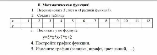 3.посчитать у по формуле y=5*x*x-7*x+2 4. Постройте график функции. 5. Измените график (заливка, шри