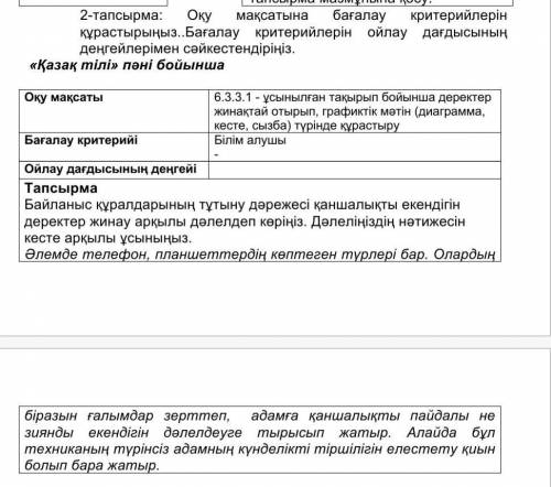 2-тапсырма: Оқу мақсатына бағалау критерийлерін құрастырыңыз..Бағалау критерийлерін ойлау дағдысының