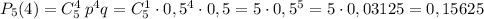 P_5(4)=C_5^4\, p^4q=C_5^1\cdot 0,5^4\cdot 0,5=5\cdot 0,5^5=5\cdot 0,03125=0,15625