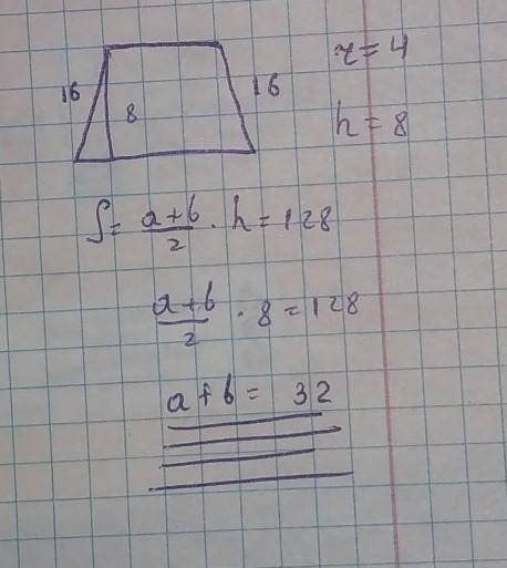 В равнобедренную трапецию вписана окружность радиуса 4. Если площадь трапеции равна 128,то расстояни