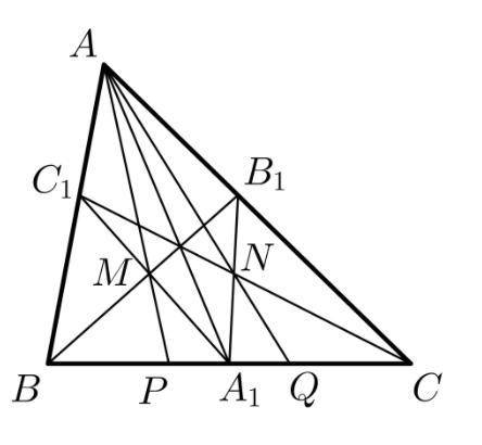 В треугольнике ABC чевианы AA1, BB1, CC1 пересекаются в одной точке. Отрезки BB1 и A1C1 пересекаются
