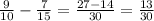 \frac{9}{10} - \frac{7}{15} = \frac{27-14}{30} = \frac{13}{30}