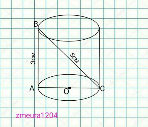 ￼￼￼￼￼￼￼Діагональ осьового перерізу циліндра￼ ￼￼￼￼￼￼￼дорівнює 5см, висота циліндра 3см. ￼Знайти площу