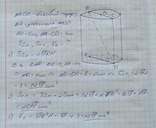 ￼￼￼￼￼￼￼Діагональ осьового перерізу циліндра￼ ￼￼￼￼￼￼￼дорівнює 5см, висота циліндра 3см. ￼Знайти площу