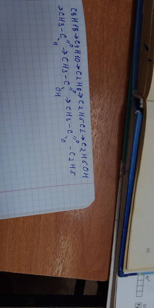 Хелп C8H18->C4H10->C 2H6->C2H5CL->C2H5OH->CH3-C//O\H->CH3-C//O\OH->CH3-C//O\O-C