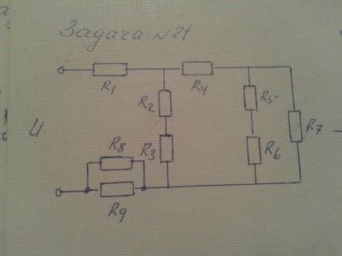 Дано: R1=R2=R7=5 Ом, R3=R4=R5=6 Ом R6=R8=R9=10 Ом. Найти Rобщее.