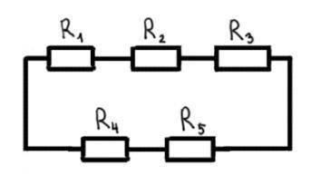 На схему сопротивлений подано напряжение 100 В. Номиналы резисторов: R1 = 2 Ом, R2 = 4 Ом, R3 = 2 Ом