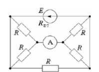 В схеме, представленной на рисунке Е = 4 В; Rвн = 1 Ом; все резисторы по 2 Ом. Что покажет амперметр
